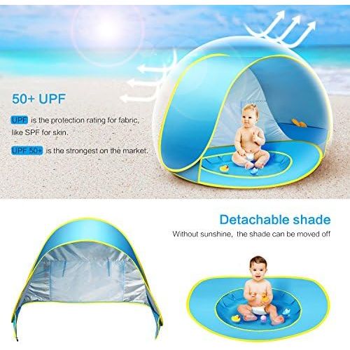  CeeKii Baby Beach Tent Pop Up Tent Portable Shade Tent UV Protection Sun Shelter with Mini Pool, Carry Bag and Detachable Shade for Toddler, Infant & Kids, 50+ UPF (Blue)