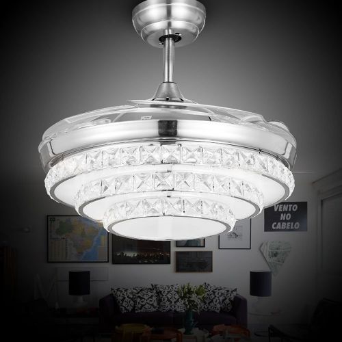  Huston Fan 42 Inch Crystal Three Layer Silver Fandelier Retractable Ceiling Fan Light With 4 Scalable Blade Remote LED Indoor Bedroom Living Ceiling Lamp Three Color Change,Two Dow