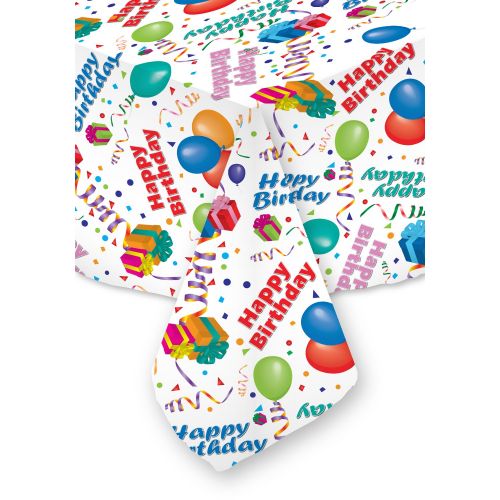  Celebration Tablecloths 70 X 108 Inch Happy Birthday Tablecloth White Restaurant Quality Fabric Machine Wash and Dry No Wrinkles No Iron No Stains Made in USA Birthday Party Suppli