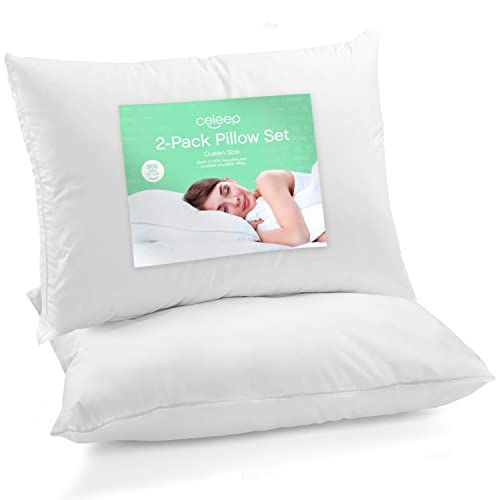  Bed Pillows by Celeep (2 Pack) - Pillow Set Queen Size - Hotel Quality Sleeping Pillows for Side, Stomach and Back Sleepers - Microfiber Filling - Soft and Supportive (Queen)