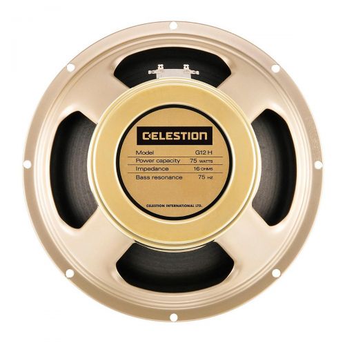  Celestion},description:Back in the late 60s, the G12H was created by fixing an H type (heavy) magnet to the body of a G12M guitar speaker. Result: a speaker with more power and a d