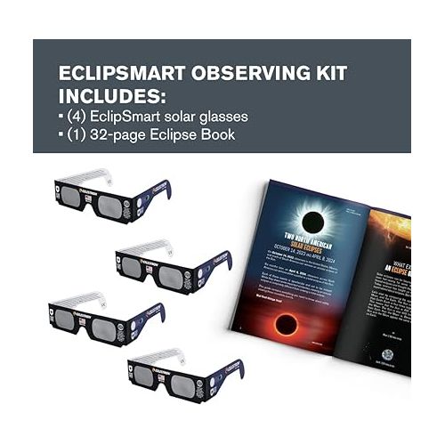 셀레스트론 Celestron - EclipSmart Safe Solar Eclipse Glasses Family 4-Pack - Meets ISO 12312-2:2015(E) Standards - Premium Solar Safe Filter Technology - Includes One Size Fits All Glasses + Eclipse Guidebook