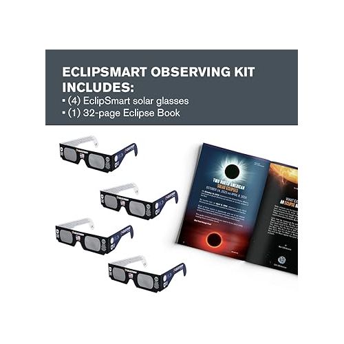 셀레스트론 Celestron - EclipSmart Safe Solar Eclipse Glasses Family 4-Pack - Meets ISO 12312-2:2015(E) Standards - Premium Solar Safe Filter Technology - Includes One Size Fits All Glasses + Eclipse Guidebook