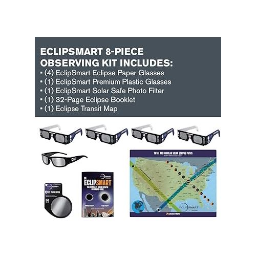 셀레스트론 Celestron - 8-Pc EclipSmart Safe Solar Viewing & Imaging Kit - Meets ISO 12312-2:2015(E) Standards - Premium Solar Safe Filter Technology - Includes 5 Glasses + Photo Filter + Guidebook + Map