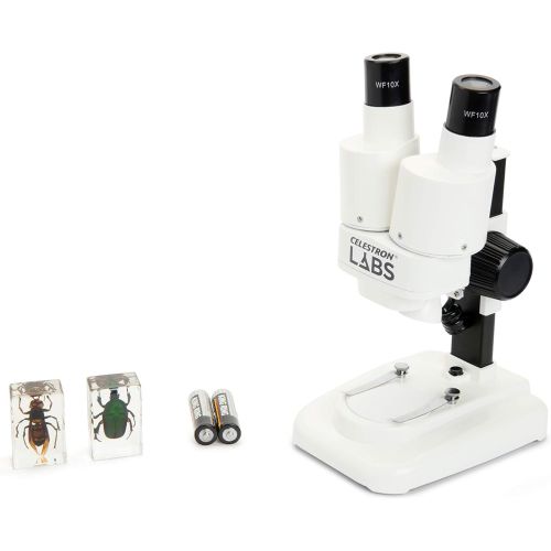 셀레스트론 Celestron S20 Portable Stereo Microscope w/20x Power, 2 Insect Specimens in Clear Plastic, 2 AA Batteries, Upper Illuminator