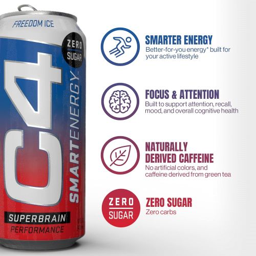  [무료배송]Cellucor C4 Smart Energy Drink - Sugar Free Performance Fuel & Nootropic Brain Booster with No Artificial Colors or Dyes | Electic Sour 16 Oz - 12 Pack