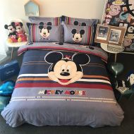 Cenarious Preppy Blue Grey Stripes Mickey Mouse Cartoon Style Duvet Cover Set Cotton Flat Sheet Bed Cover - 4Pcs Bedding Set - Queen Flat Sheet Set - 86x94 - 220x240cm