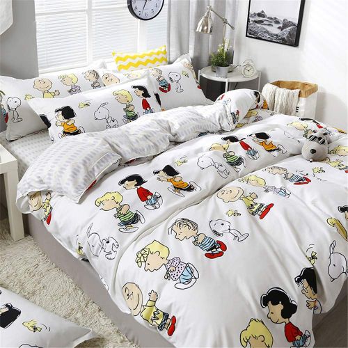  Cenarious Snoopy Boys Girls Cartoon Style Duvet Cover Set Microfiber Polyester Flat Sheet Bed Cover - 4Pcs Bedding Set - Queen Flat Sheet Set - 86x94 - 220x240cm