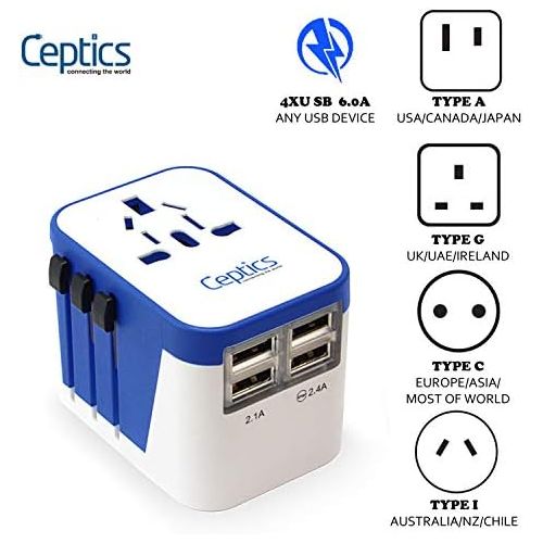  [아마존베스트]Ceptics Travel Adapter Plug World Power W/ 4 USB Ports - Charge Cell Phones, Smart Watches, iPhones All over the World - For International Europe, China, UK, UAE, Australia - Type