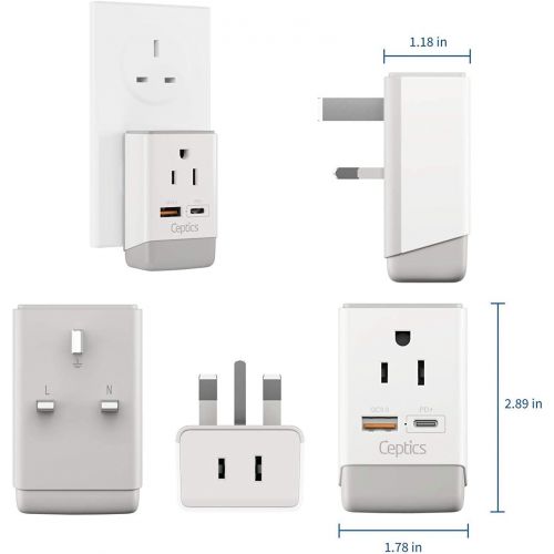  UK Ireland 2 Pack Power Plug Adapter Travel QC 3.0 & PD by Ceptics, Safe Dual USB & USB-C - 2 USA Socket Compact & Powerful - Use in London UAE Dubai Kenya British Hong Kong Type G