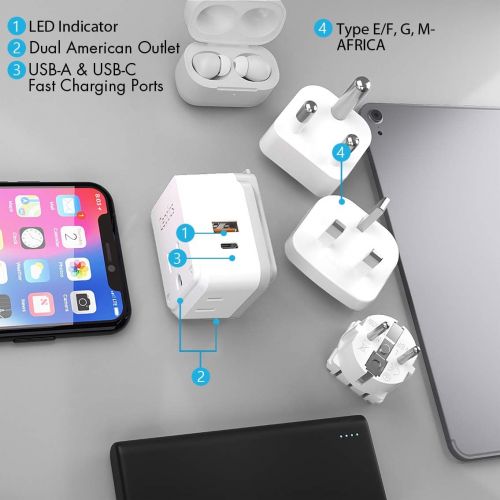  Ceptics International Travel Plug Adapter Set, Safe Dual USB & USB-C 2 USA Socket - Compact & Powerful - Use Europe, Asia, Australia, Africa Anywhere in World - Includes 13 Type SW