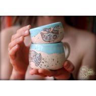 CeraMityay Cute ceramic SET with cat and bird, pottery mug and pialat, Unique ceramics, Gift for her, Pottery tea cup, Coffee set mothers gift