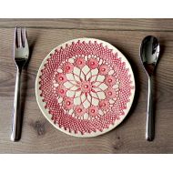 /Ceraminic Rustic Ceramic Plate, Red Mandala Lace Dessert Plate, Unique Serving Plate, Mandala Tableware, Boho Kitchen Decor Ceramic Dish, Lace Pottery