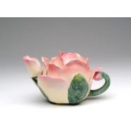 Cg Pink and White Rose Petal Shaped Teapot with Green Leaf Like Handle
