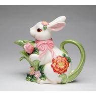 Cg 10445 White Bunny with Pink Ribbon & Flower Designs Teapot Collectible