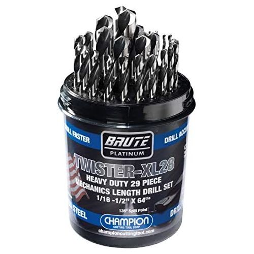  Champion Cutting Tool Corp Champion Cutting Tool Brute Platinum 29 Piece 116-12 x 64ths HSS Mechanics Length Twister-XL28 Drill Bit Set-135 Degree Split Point, Water Resistant Index-MADE IN USA