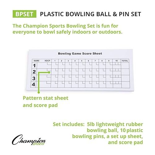  Champion Sports Bowling Set: Rubber Ball & Plastic Pins for Training, Model:BPSET