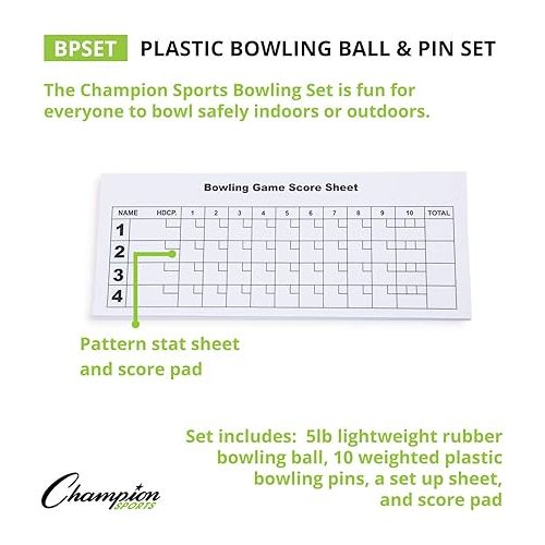  Champion Sports Bowling Set: Rubber Ball & Plastic Pins for Training, Model:BPSET