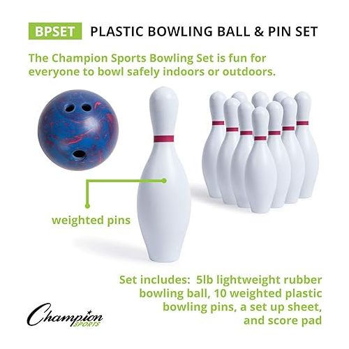  Champion Sports Bowling Set: Rubber Ball & Plastic Pins for Training, Model:BPSET