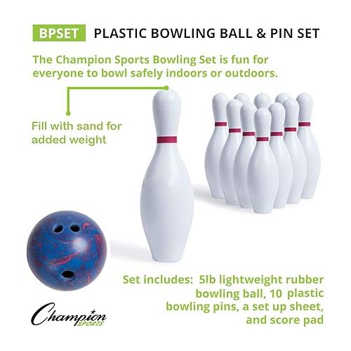  Champion Sports Bowling Set: Rubber Ball & Plastic Pins for Training, Model:BPSET