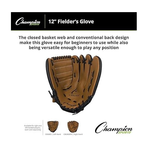  Champion Sports 10.5'' Fielder's Glove - Synthetic Leather Front and Back for Comfort Grip | Closed Basket Web and Conventional Back Design | Deep Set Pocket | Age: Elementary | Left-Handed Glove