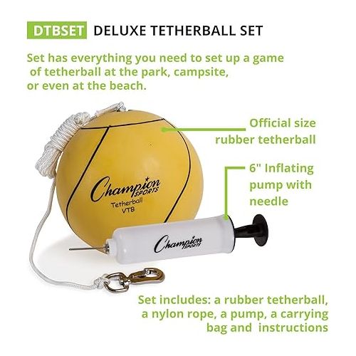  Champion Sports Portable Tetherball Set: Classic Backyard Lawn Beach and Pool Party Game includes Soft Ball Nylon Rope & Durable Telescopic Pole with Free Air Pump