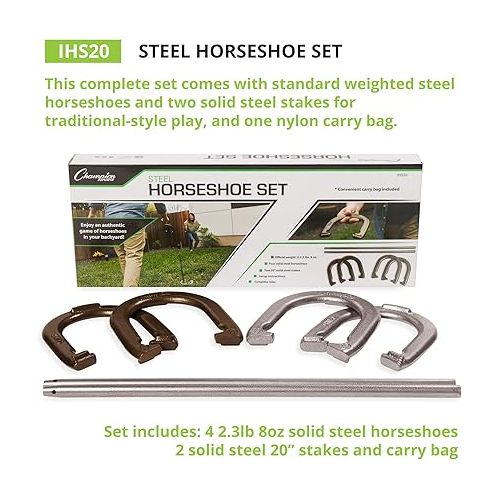  Champion Sports Horseshoe Set: Traditional Outdoor Lawn Game includes Four Professional Solid Steel Horseshoes with Solid Steel Stakes & Carrying Storage Case