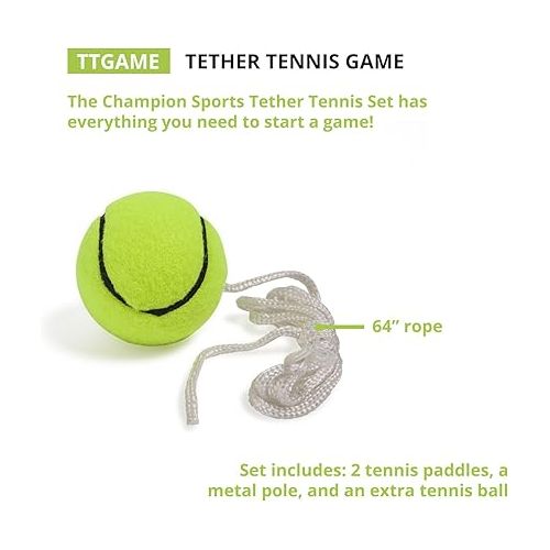  Champion Sports TTGAME Tetherball Tennis: Swingball Outdoor Lawn Game for Kids, Adults, and Families - Backyard Tether Kit with Tennis Ball and Paddle Set