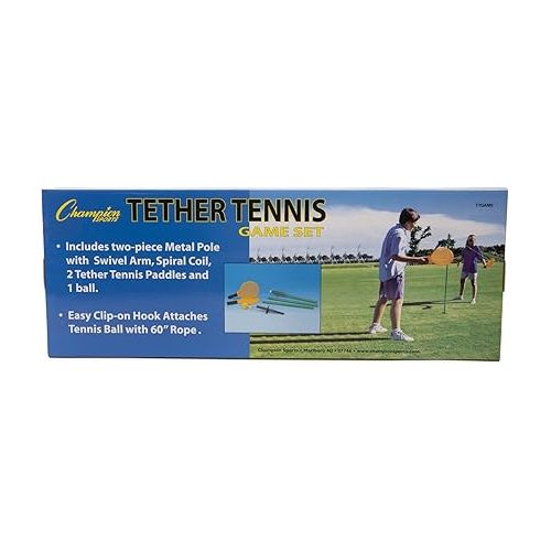  Champion Sports TTGAME Tetherball Tennis: Swingball Outdoor Lawn Game for Kids, Adults, and Families - Backyard Tether Kit with Tennis Ball and Paddle Set