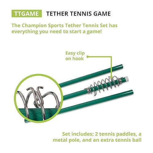  Champion Sports TTGAME Tetherball Tennis: Swingball Outdoor Lawn Game for Kids, Adults, and Families - Backyard Tether Kit with Tennis Ball and Paddle Set