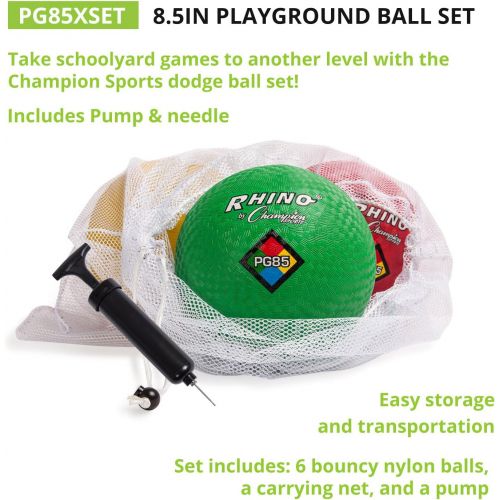  Champion Sports Playground Ball Set w/Mesh Storage Bag & Pump: 6 Multi Colored Textured Nylon Soft Rubber Bouncy Indoor Outdoor Balls Perfect for Kids Dodgeball Kickball Foursquare