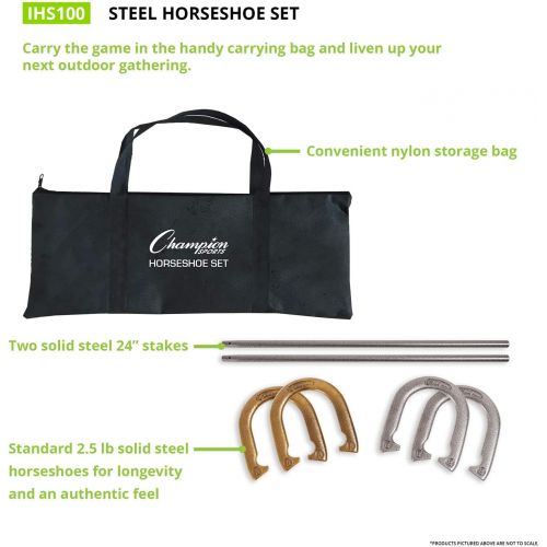  Champion Sports Horseshoe Set: Traditional Outdoor Lawn Game includes Four Professional Solid Steel Horseshoes with Solid Steel Stakes & Carrying Storage Case