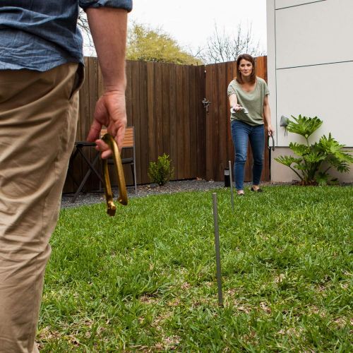  Champion Sports Horseshoe Set: Traditional Outdoor Lawn Game includes Four Professional Solid Steel Horseshoes with Solid Steel Stakes & Carrying Storage Case