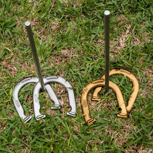  Champion Sports Horseshoe Set: Traditional Outdoor Lawn Game includes Four Professional Solid Steel Horseshoes with Solid Steel Stakes & Carrying Storage Case