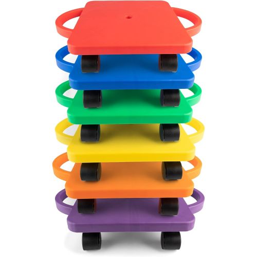  Champion Sports Scooter Board with Handles, Set of 6, Wide 12 x 12 Base - Multi-Colored, Fun Sports Scooters with Non-Marring Plastic Casters for Children - Premium Kids Outdoor Ac