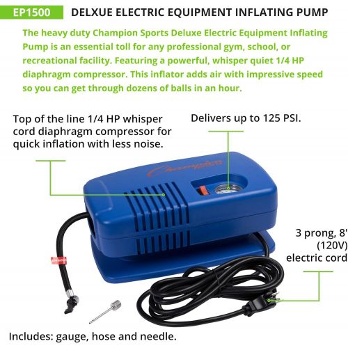  Champion Sports Electric Ball Pump for Basketball, Soccer, Volleyball, with Needle, Gauge, Hose - Quiet, Fast Air Pumps for Balls with up to 125 PSI - Premium Ball Inflator for Gym