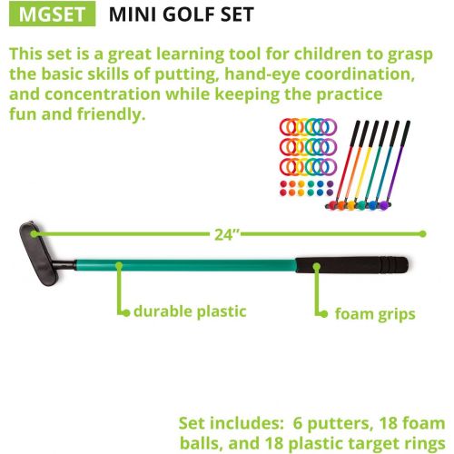  Champion Sports Mini Golf Clubs: Multi Colored Putt Putt Miniature Golfing Set For Kids - 6 Putters 18 Holes & 18 Balls