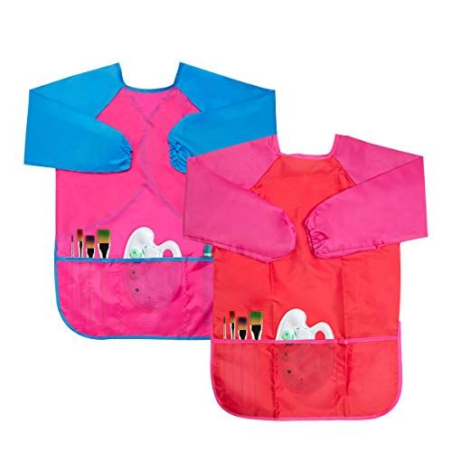  [아마존베스트]Kids Art Smocks, Chanaco 2 Pack Children Waterproof Artist Painting Aprons Long Sleeve with 3 Pockets (Red & Pink)