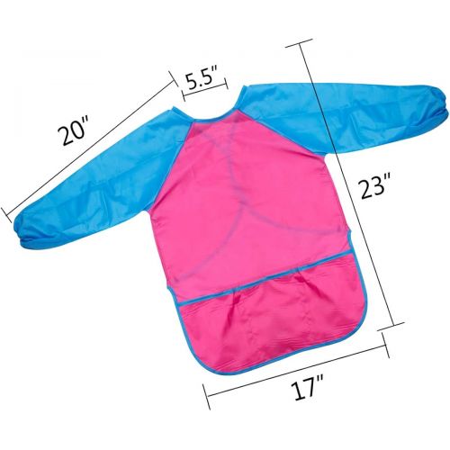  [아마존베스트]Kids Art Smocks, Chanaco 2 Pack Children Waterproof Artist Painting Aprons Long Sleeve with 3 Pockets (Red & Pink)