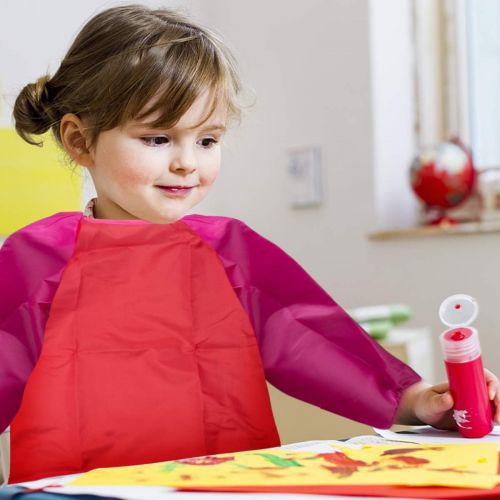  [아마존베스트]Kids Art Smocks, Chanaco 2 Pack Children Waterproof Artist Painting Aprons Long Sleeve with 3 Pockets (Red & Pink)