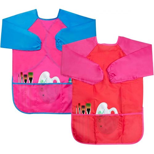  [아마존베스트]Kids Art Smocks, Chanaco 2 Pack Children Waterproof Artist Painting Aprons Long Sleeve with 3 Pockets (Red & Pink)