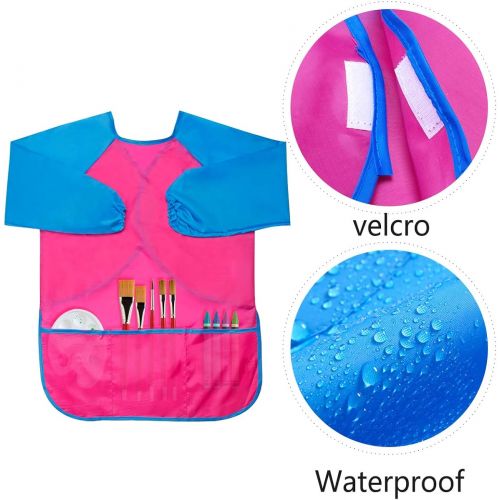  [아마존베스트]Kids Art Smocks, Chanaco 2 Pack Children Waterproof Artist Painting Aprons Long Sleeve with 3 Pockets (Red & Pink)