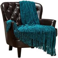 [아마존 핫딜] [아마존핫딜]Chanasya Chenille Velvety Texture Decorative Throw Blanket with Tassels Super Soft Cozy Classy Elegant with Subtle Shimmer for Sofa Chair Couch Bed Living Bed Room Blue Throw Blank