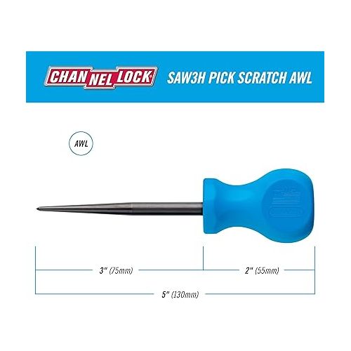  CHANNELLOCK SAW3H 3-inch Professional Scratch Awl Pick, Precision Machined Non-Magnetic, Made in USA, Molded Tri-Lobe Grip