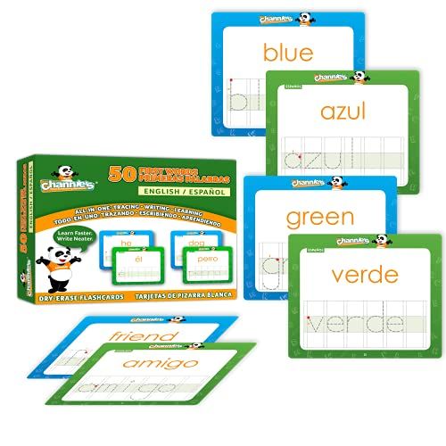  Channies Visual Dry Erase 50 First Spanish/English Flashcards, Tracing, Practicing, Writing, ALL in One Flash Cards Size 5.5 x 4.25, Ages 3 and Up, Pre-k-5th