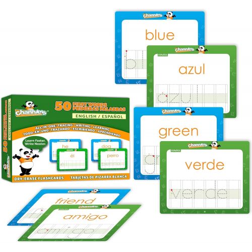  Channies Visual Dry Erase 50 First Spanish/English Flashcards, Tracing, Practicing, Writing, ALL in One Flash Cards Size 5.5 x 4.25, Ages 3 and Up, Pre-k-5th