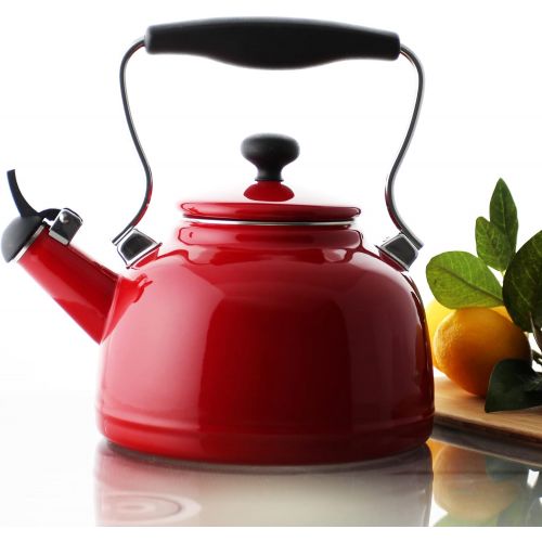  [아마존베스트]Chantal Vintage Enamel on Steel Whistling Teakettle, 1.7 quart, Apple Red