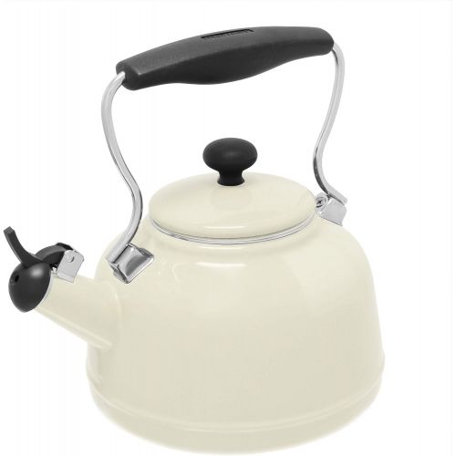  Chantal Vintage Enamel on Steel Whistling Teakettle, 1.7 quart, Almond