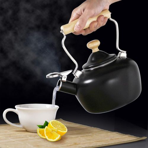  Chantal Enamel on Steel 1.8 qt. Carina Wood Teakettle, Matte Black