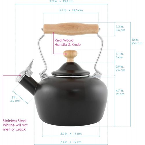  Chantal Enamel on Steel 1.8 qt. Carina Wood Teakettle, Matte Black